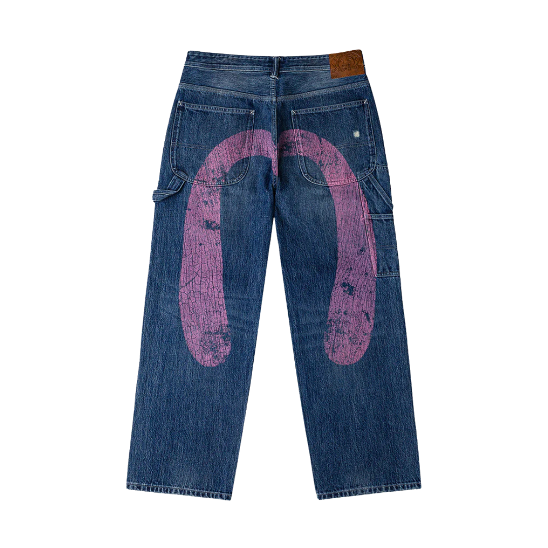 Washed and Distressed Daicock Print Relax Fit Jeans (Indigo)
