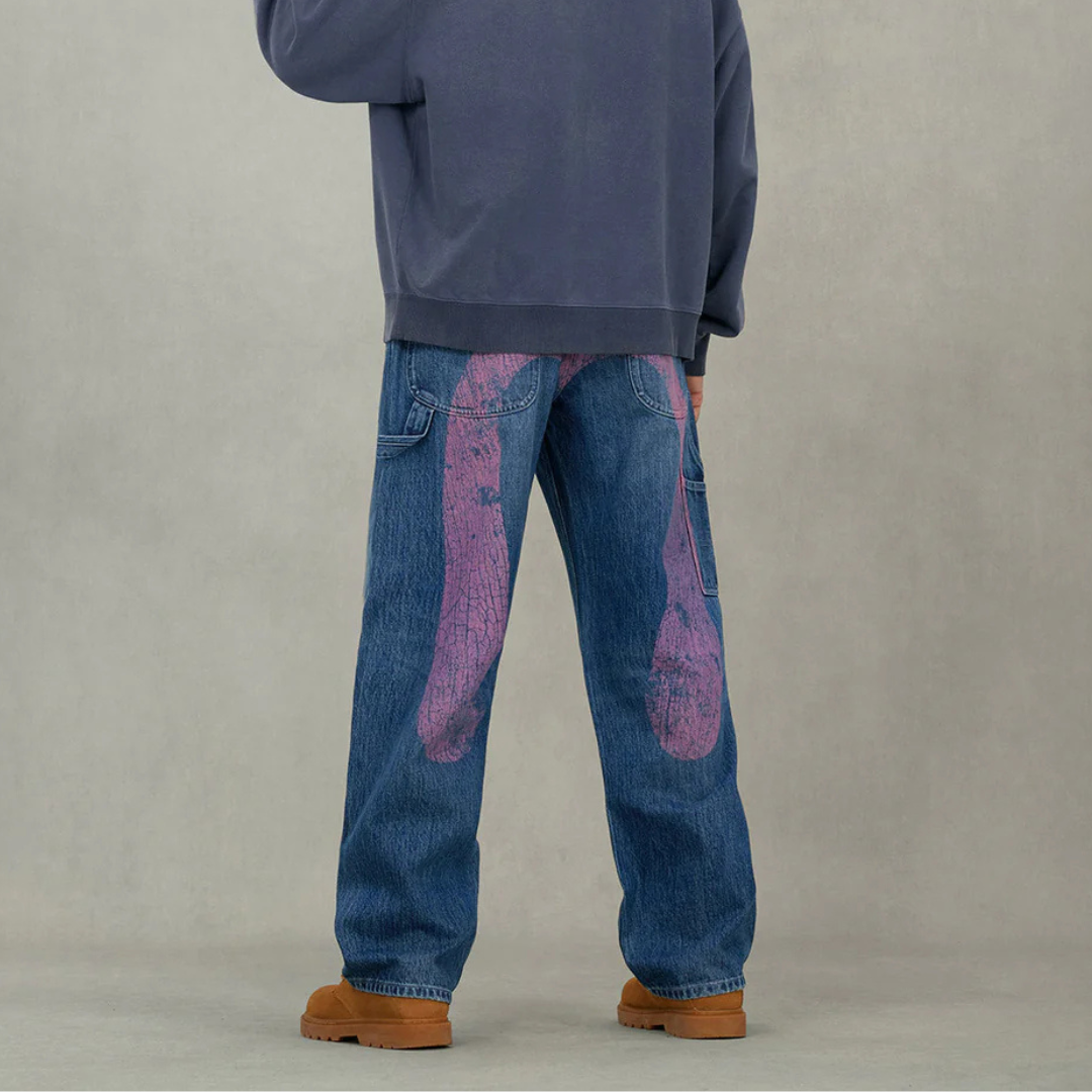 Washed and Distressed Daicock Print Relax Fit Jeans (Indigo)