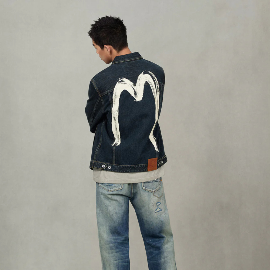 Washed Brushstroke Daicock Print Regular Fit Denim Jacket