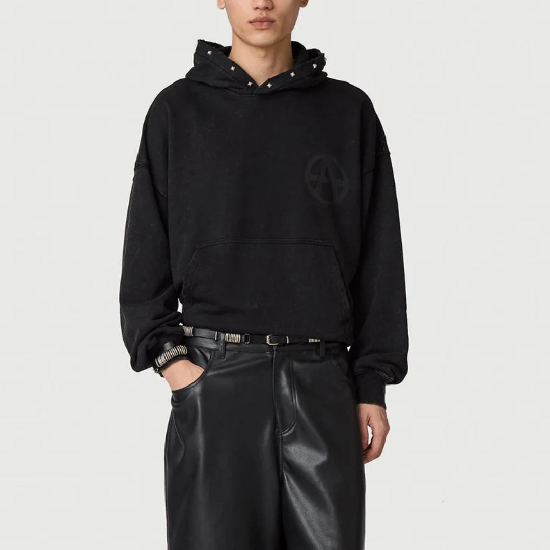 STUDDED ANARCHY HOODIE WASHED BLACK