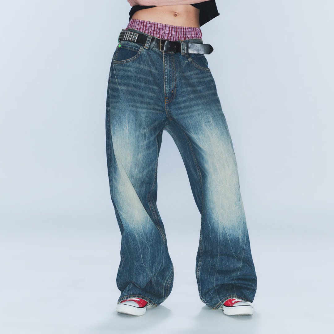 LOOSER REGULAR WAIST LOOSE STRAIGHT JEANS (Blue Ray - Dark Blue)
