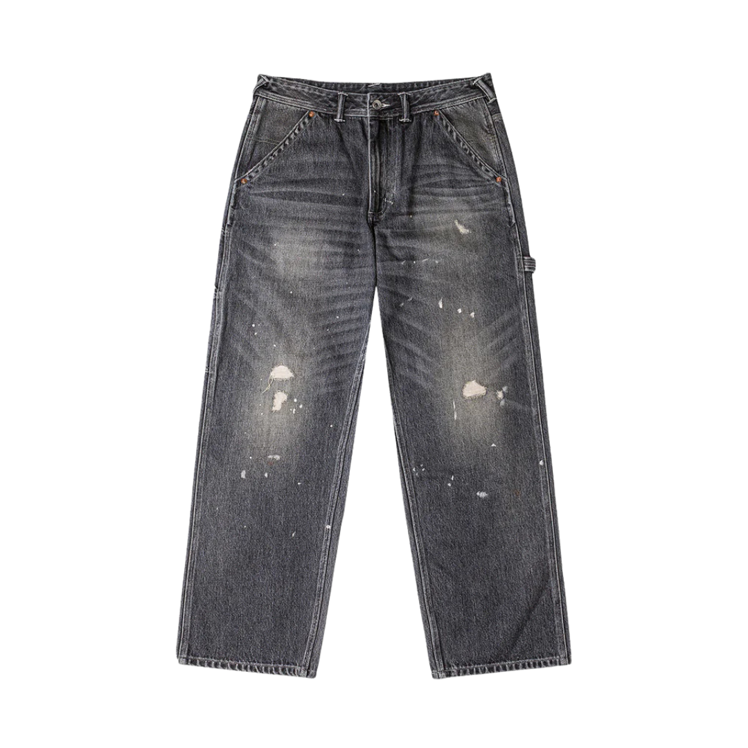 Washed and Distressed Daicock Print Relax Fit Jeans (Grey)
