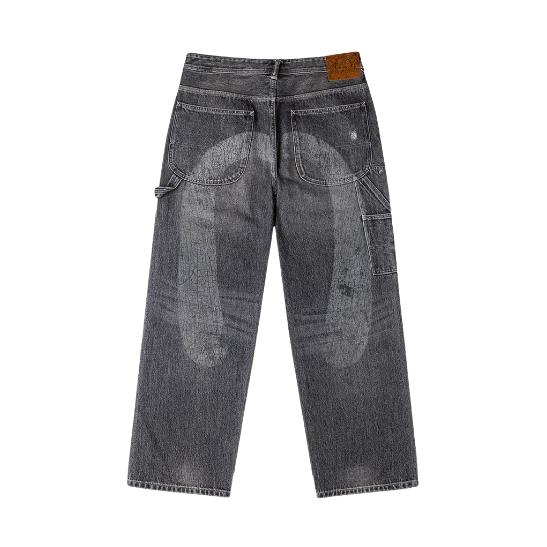 Washed and Distressed Daicock Print Relax Fit Jeans (Grey)