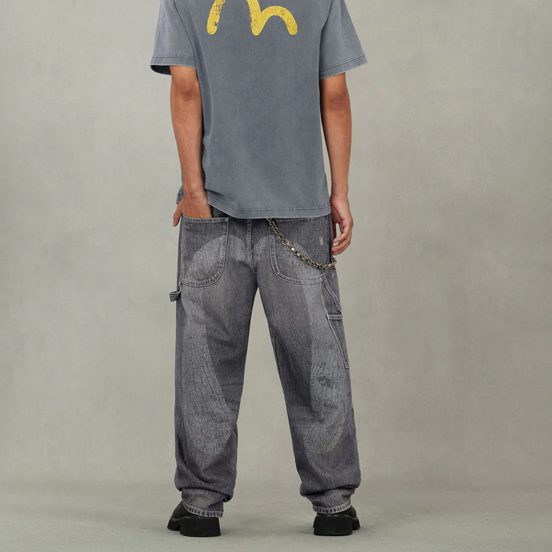 Washed and Distressed Daicock Print Relax Fit Jeans (Grey)